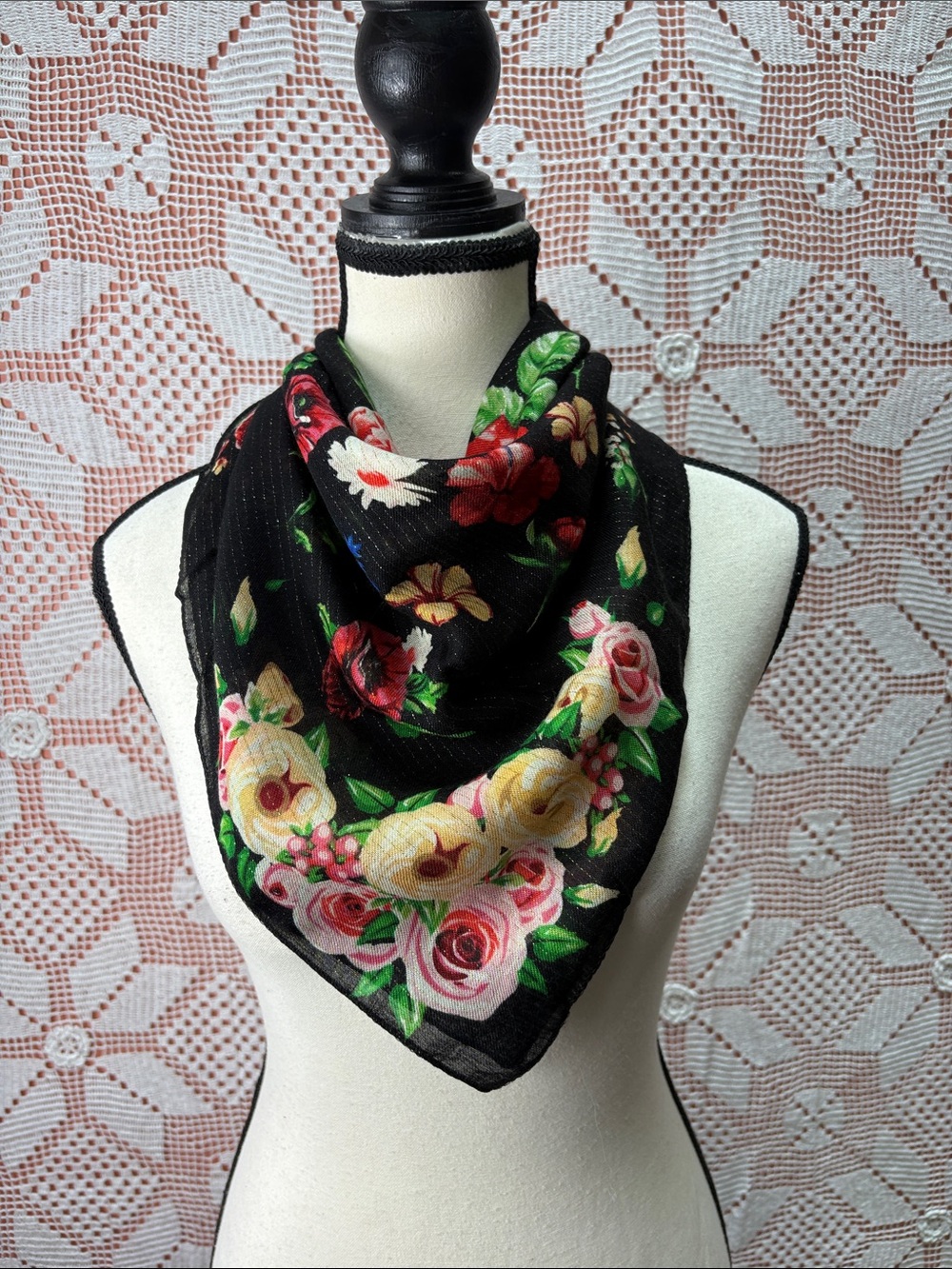NU Trendz Black Floral Square Scarf 29”